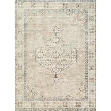 A traditional beige area rug with floral patterns and a central medallion design.